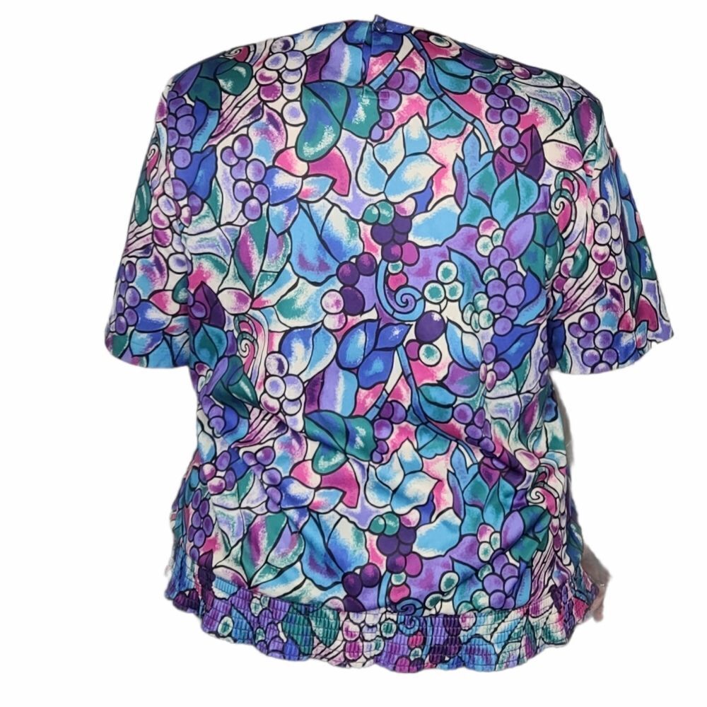 VINTAGE 80s blouse grapes fruit print short sleeve blouse top XL - Picture 2 of 11